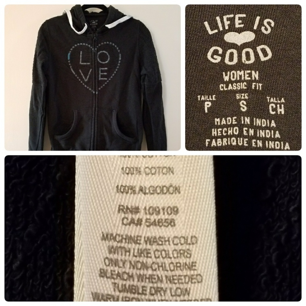 Life is Good Womens Love Heart Hoodie Black Sz S